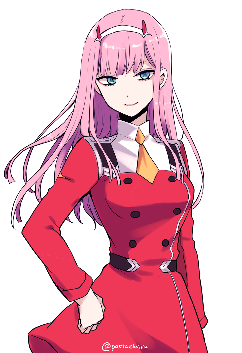 1girl blue_eyes darling_in_the_franxx dress floating_hair hairband highres horns long_hair looking_at_viewer necktie pastachiiiiin pink_hair red_dress shiny shiny_hair short_necktie simple_background smile solo standing uniform white_background white_hairband yellow_neckwear zero_two_(darling_in_the_franxx)