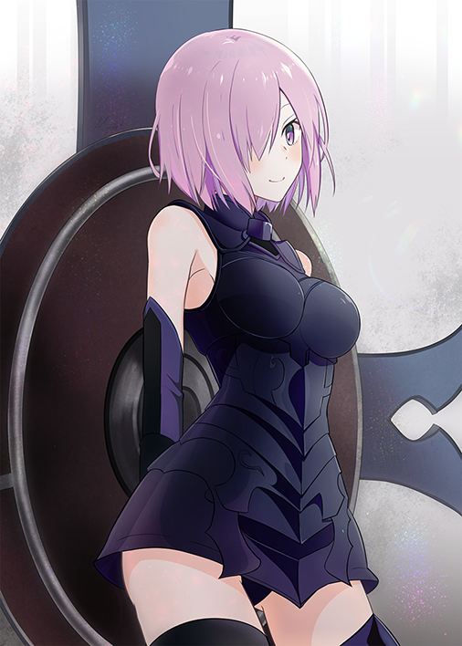 1girl armored_leotard black_legwear black_leotard blush breasts breasts_apart cowboy_shot elbow_gloves fate/grand_order fate_(series) gloves grey_background hair_over_one_eye leotard looking_at_viewer mash_kyrielight medium_breasts meet pink_hair shield short_hair smile solo standing thigh-highs