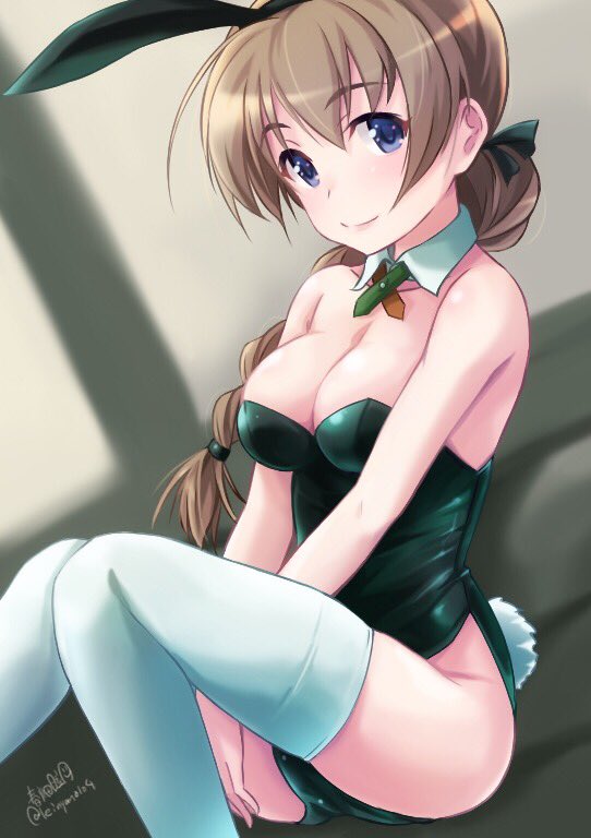 1girl animal_ears artist_name bangs bare_shoulders black_leotard black_ribbon blue_eyes braid breasts brown_hair bunny_tail bunnysuit cleavage closed_mouth commentary_request detached_collar eyebrows_visible_through_hair fake_animal_ears fake_tail green_neckwear hair_ribbon haruhata_mutsuki highleg highleg_leotard leaning_back legs leotard long_hair looking_at_viewer lynette_bishop medium_breasts neck_ribbon rabbit_ears ribbon signature single_braid sitting smile solo strapless strapless_leotard strike_witches tail thigh-highs tied_hair twitter_username v_arms white_collar white_legwear wing_collar world_witches_series