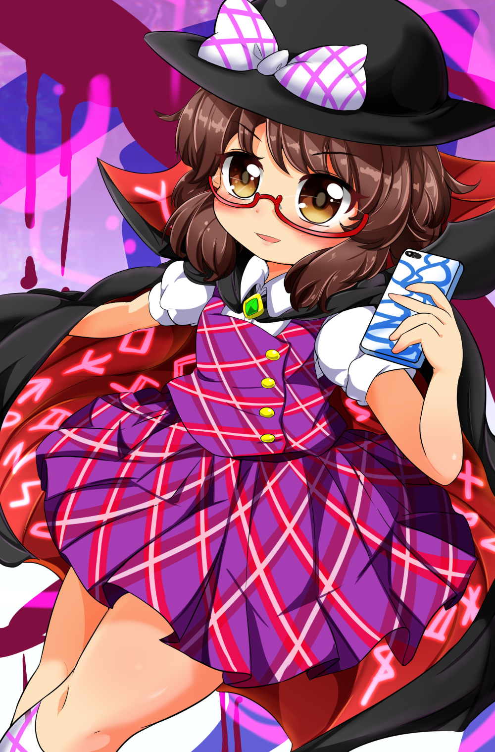1girl abstract_background arm_up bangs black_hat blush bow brooch brown_eyes brown_hair cape cellphone chibi commentary_request emerald eyebrows_visible_through_hair glasses hat hat_bow highres holding holding_phone jewelry kneehighs legs_crossed looking_at_viewer low_twintails motsu_(selshia12) parted_lips phone plaid plaid_skirt plaid_vest puffy_short_sleeves puffy_sleeves red-framed_eyewear runes school_uniform semi-rimless_eyewear shirt short_hair short_sleeves skirt skirt_set smartphone smile solo striped striped_bow striped_legwear touhou twintails under-rim_eyewear unmoving_pattern usami_sumireko vest white_legwear white_shirt