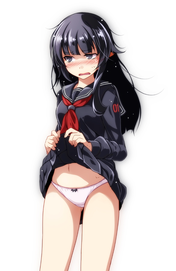 bangs black_bow black_hair black_shirt black_skirt blush bow bow_panties cowboy_shot grey_eyes hatsune_miku lifted_by_self long_hair long_sleeves neckerchief open_mouth panties pleated_skirt red_neckwear sailor_collar school_uniform serafuku shirt simple_background skirt skirt_lift sweat tsukishiro_saika underwear vocaloid wavy_mouth white_background white_panties