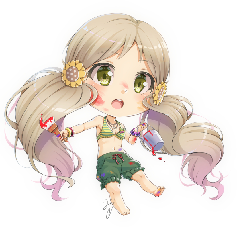 1girl bangs bare_shoulders barefoot big_head bikini_top breasts bucket chibi collarbone commentary_request eyebrows_visible_through_hair flower full_body green_eyes green_shorts hair_flower hair_ornament handa_roko holding holding_bucket holding_paintbrush idolmaster idolmaster_million_live! light_brown_hair long_hair low_twintails miri_(ago550421) navel open_mouth paint_on_clothes paint_on_face paintbrush parted_bangs puffy_shorts red_ribbon ribbon round_teeth short_shorts shorts simple_background small_breasts soles solo striped striped_bikini_top teeth twintails upper_teeth very_long_hair white_background yellow_flower
