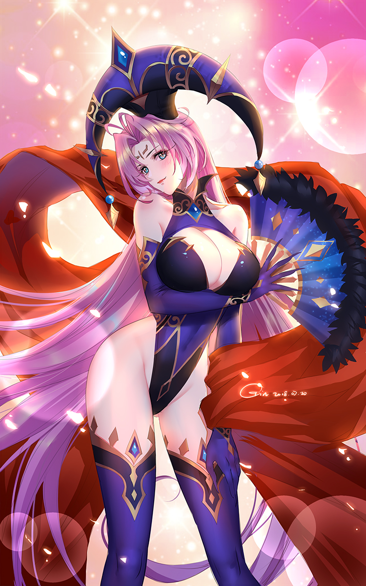 1girl bare_shoulders blue_eyes blue_gloves blue_hat blue_legwear blush breasts cleavage dated elbow_gloves eyelashes facial_mark fan forehead_mark gloves hair_intakes hand_on_own_thigh hand_on_thigh hat head_tilt highres holding holding_fan houshin_engi kenin large_breasts leotard light_smile lipstick long_eyelashes long_hair looking_at_viewer makeup pink_hair signature so_dakki solo sparkle standing thigh-highs very_long_hair