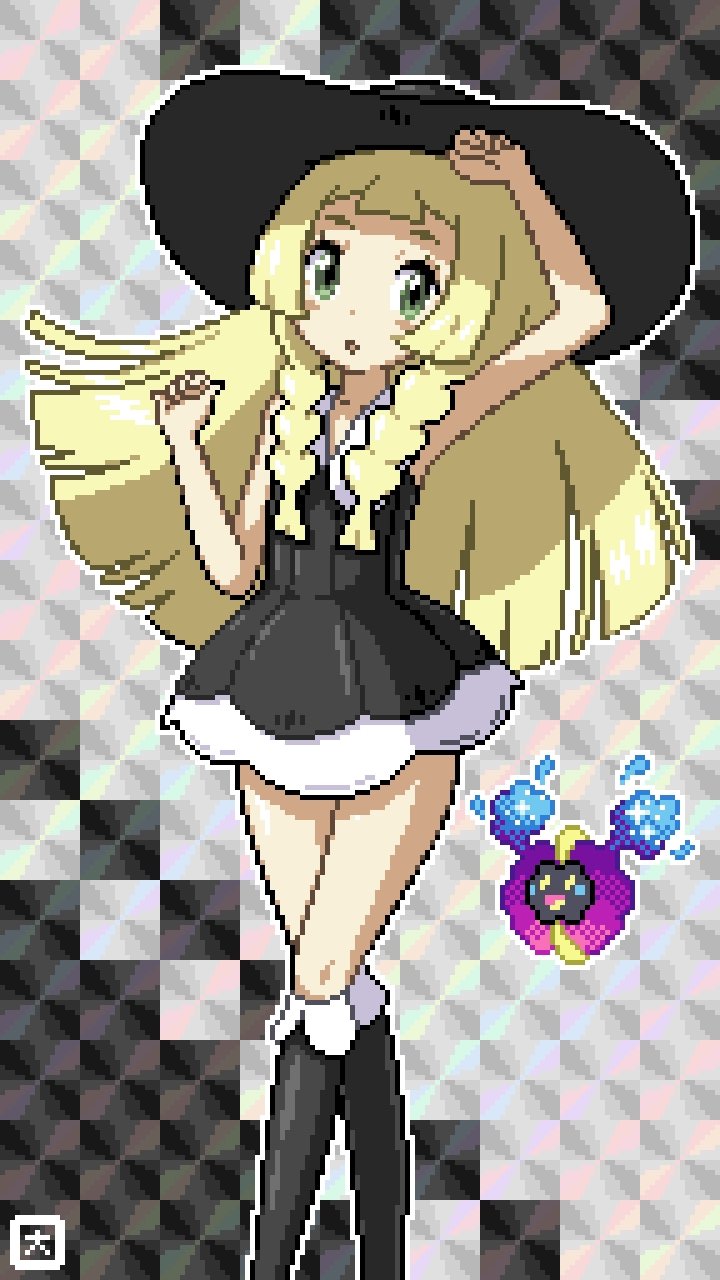 1girl alternate_color alternate_costume black_dress blonde_hair clenched_hands cosmog dress green_eyes hat highres homu_c lillie_(pokemon) long_hair pixel_art pokemon pokemon_(game) pokemon_sm