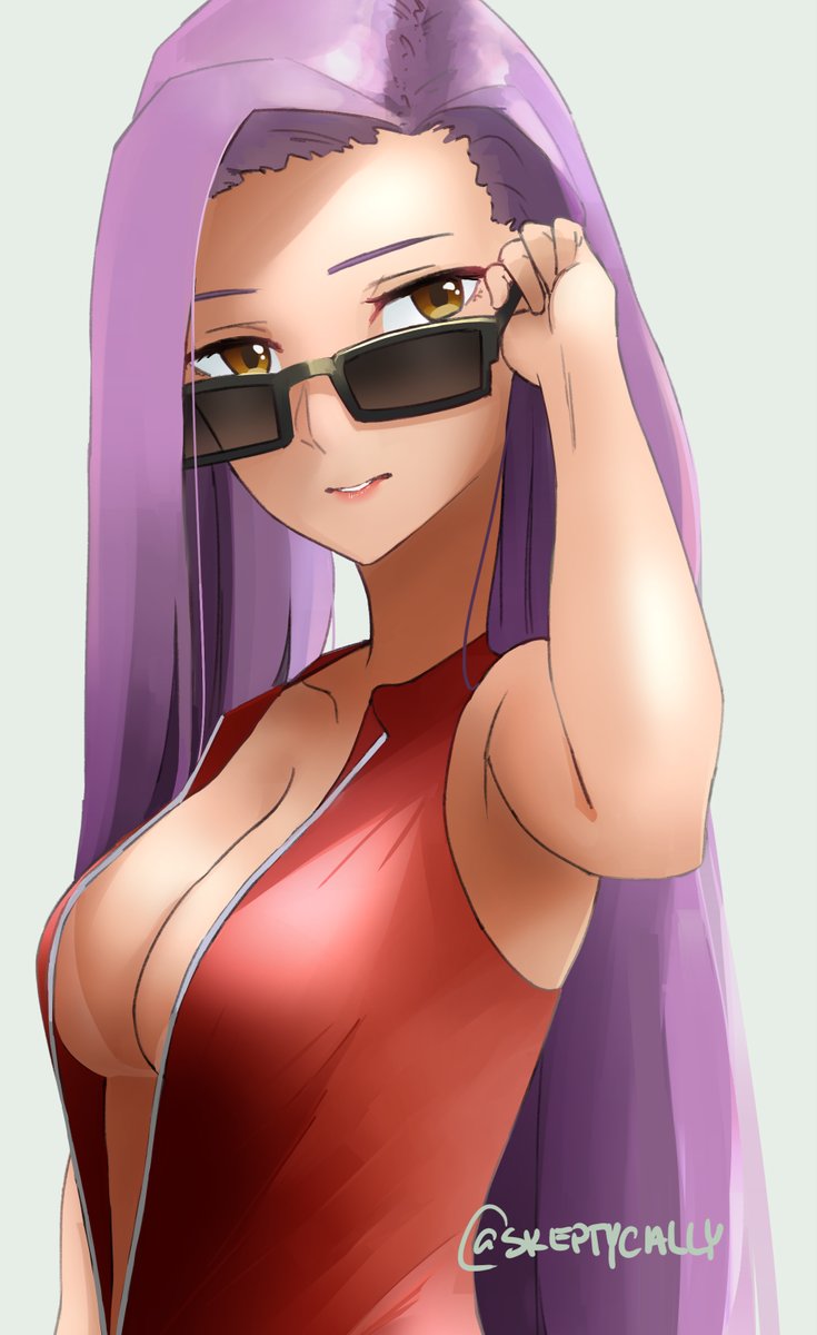 1girl adjusting_eyewear asymmetrical_bangs bangs blue_background blunt_bangs breasts cleavage fire_emblem fire_emblem_echoes:_mou_hitori_no_eiyuuou highres lips long_hair medium_breasts open_clothes open_shirt parted_bangs purple_hair simple_background sketchy solo sonia_(fire_emblem_gaiden) sunglasses twitter_username upper_body yellow_eyes