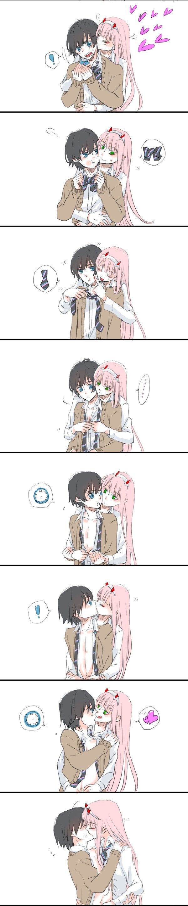 ! 1boy 1girl absurdres bangs beige_blazer black_hair blazer blue_eyes blush bow bowtie closed_eyes collared_shirt comic commentary_request couple darling_in_the_franxx eyebrows_visible_through_hair face-to-face facing_another finger_to_mouth forehead-to-forehead green_eyes hair_ornament hairband heart hetero highres hiro_(darling_in_the_franxx) horns hug hug_from_behind jacket kiss long_hair long_image looking_at_another necktie oni_horns open_clothes open_shirt pink_hair red_horns sakuragouti school_uniform shirt short_hair speech_bubble striped_neckwear sweat tall_image white_hairband white_shirt wing_collar zero_two_(darling_in_the_franxx)