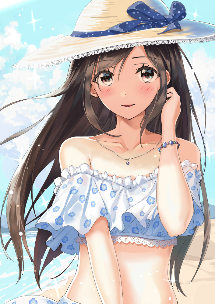 1girl bare_shoulders beach black_eyes black_hair blue_ribbon bracelet clouds collarbone commentary_request crop_top day eyebrows_visible_through_hair floral_print frills hair_tucking hand_up hat hat_ribbon jewelry kinugasa_yuuichi lace-trimmed_hat light_blush long_hair looking_at_viewer midriff necklace original outdoors parted_lips ribbon smile solo sparkle strapless sun_hat upper_body