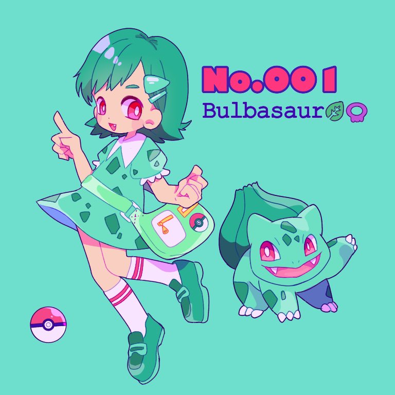 1girl aqua_background bag bulbasaur character_name dress fang full_body gen_1_pokemon green_footwear green_hair hair_ornament leg_up mameeekueya medium_hair moemon open_mouth personification poke_ball pokemon pokemon_(creature) pokemon_number puffy_short_sleeves puffy_sleeves red_eyes shoes short_hair short_sleeves simple_background smile standing zipper