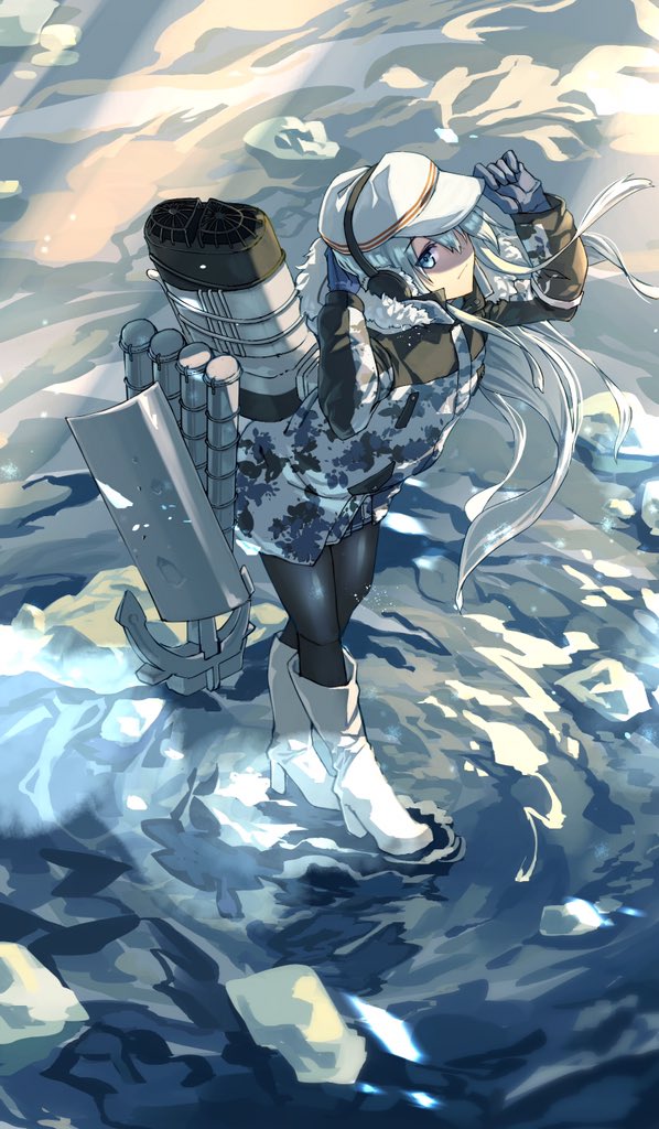 1girl adjusting_clothes adjusting_hat alternate_costume anchor anchor_symbol auger black_legwear blue_eyes boots brown_footwear camouflage camouflage_jacket earmuffs flat_cap frozen_lake fujita_(condor) gloves hair_between_eyes hat hibiki_(kantai_collection) ice kantai_collection long_hair long_sleeves machinery pantyhose peaked_cap remodel_(kantai_collection) silver_hair