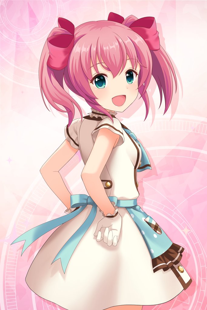 alternative_girls apron aqua_eyes bangs blue_apron blush bow breasts cowboy_shot dress frilled_apron frills gloves hair_bow long_hair looking_at_viewer looking_back mano_sakurako official_art open_mouth pink_background pink_bow pink_hair short_sleeves simple_background small_breasts smile standing white_dress white_gloves