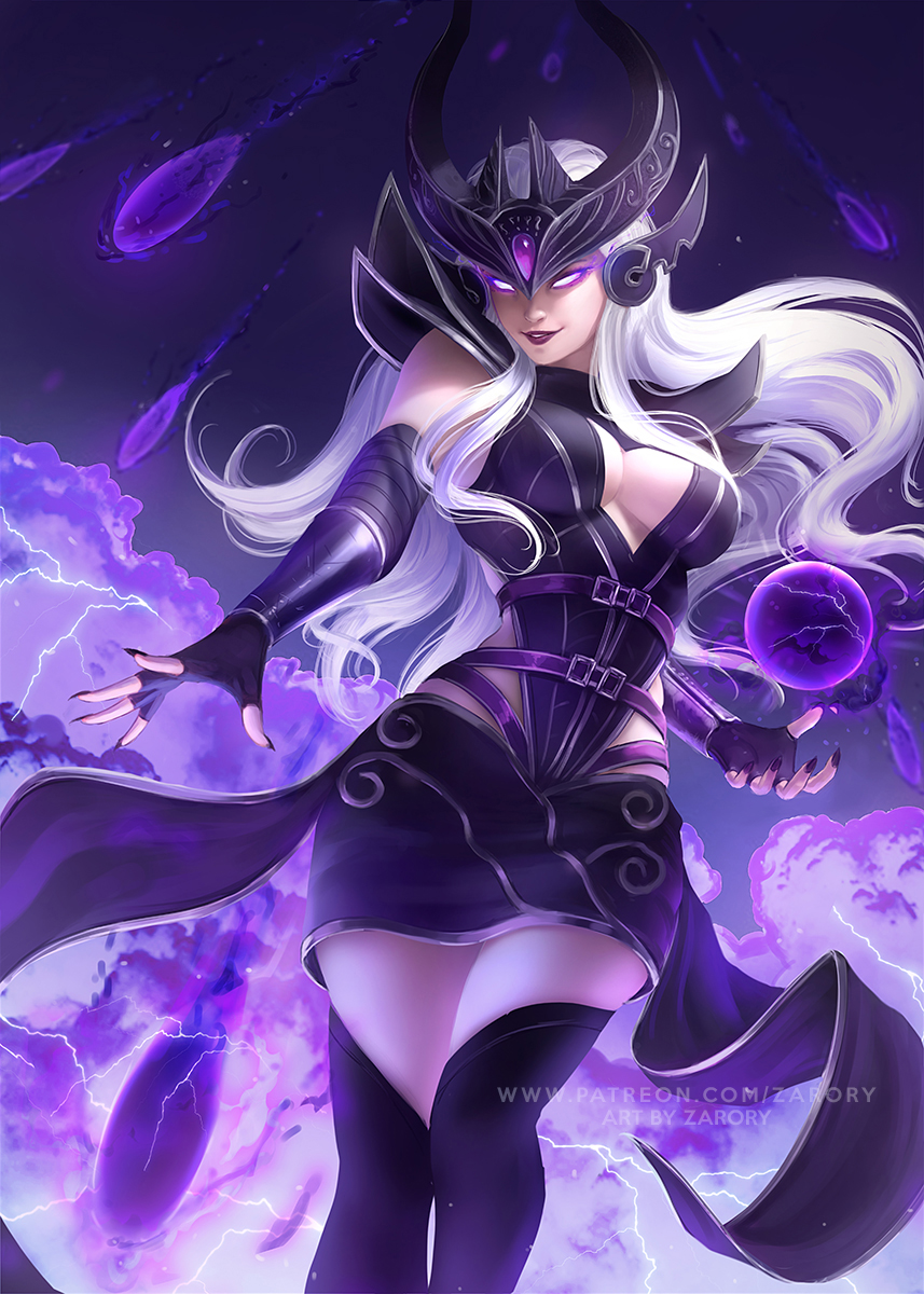 1girl breasts cleavage dark diadem fingerless_gloves gloves glowing glowing_eyes headdress highres large_breasts league_of_legends long_hair magic miniskirt orb skirt syndra tagme white_hair zarory
