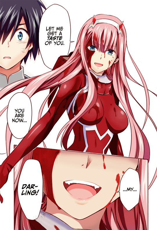 1boy 1girl bangs black_hair blood blood_on_face blue_eyes bodysuit breasts comic commentary couple darling_in_the_franxx english english_commentary eyebrows_visible_through_hair fangs gloves hair_ornament hairband hetero hiro_(darling_in_the_franxx) horns long_hair medium_breasts oni_horns pilot_suit pink_hair red_bodysuit red_gloves red_horns ryu-geki short_hair speech_bubble white_hairband zero_two_(darling_in_the_franxx)