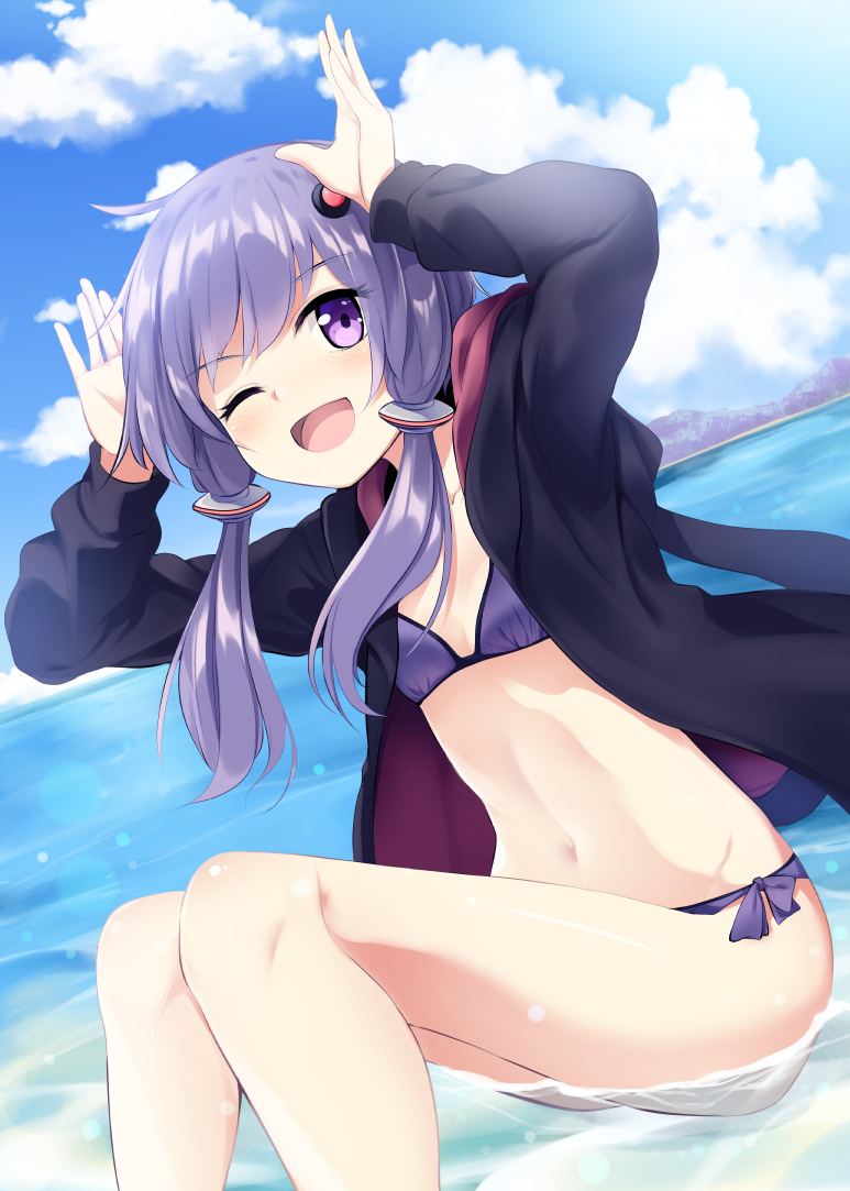 1girl ;d arai_togami bangs bikini black_jacket blue_sky blush clouds day dutch_angle eyebrows_visible_through_hair eyes_visible_through_hair hair_ornament hood hood_down hooded_jacket jacket long_hair long_sleeves low_twintails navel ocean one_eye_closed open_clothes open_jacket open_mouth outdoors partially_submerged purple_bikini purple_hair side-tie_bikini sitting sky smile solo swimsuit twintails violet_eyes vocaloid voiceroid water yuzuki_yukari