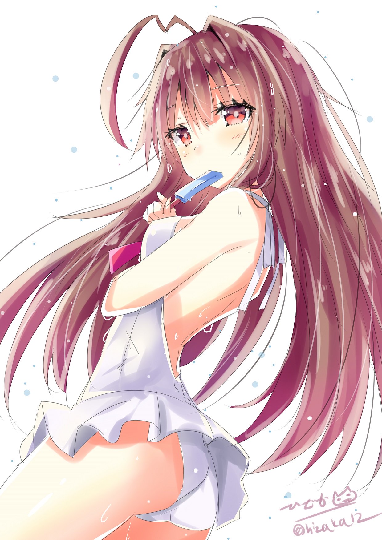 1girl ass blush breasts brown_hair eating eyebrows_visible_through_hair food hair_between_eyes highres hizaka ice_cream kantai_collection kuma_(kantai_collection) long_hair looking_at_viewer red_eyes simple_background solo swimsuit twitter_username very_long_hair wet wet_clothes wet_hair white_background white_swimsuit