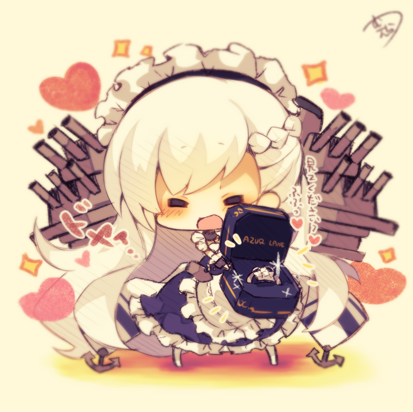 1girl =_= apron azur_lane bangs beige_background belfast_(azur_lane) blue_dress blush box braid cannon chibi closed_eyes dress eyebrows_visible_through_hair facing_viewer frilled_apron frills gloves heart holding holding_box jewelry long_hair maid maid_headdress muuran open_mouth pantyhose ring ring_box signature silver_hair sleeveless sleeveless_dress solo sparkle standing translated turret very_long_hair waist_apron white_apron white_gloves white_legwear