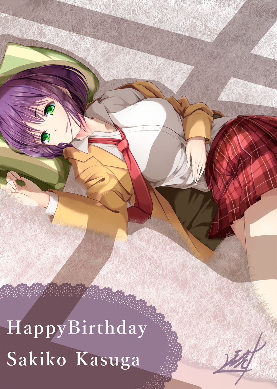 1girl bangs blazer breasts carpet collared_shirt commentary_request eyebrows_visible_through_hair from_above green_eyes green_pillow hand_on_own_stomach happy_birthday highres hinabita hopper indoors jacket kasuga_sakiko large_breasts looking_at_viewer loose_necktie lying necktie on_back parted_lips plaid plaid_skirt pleated_skirt purple_hair red_neckwear school_uniform shirt short_hair signature skirt white_shirt