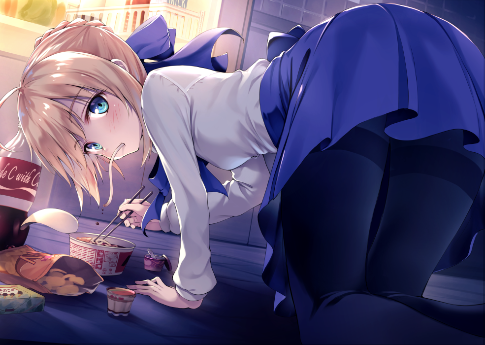 1girl ahoge all_fours artoria_pendragon_(all) bangs black_legwear blonde_hair blue_eyes blue_ribbon blue_skirt blush braid breasts chips chopsticks coke coke_bottle commentary_request eating eyebrows_visible_through_hair fate/stay_night fate_(series) fingernails food food_in_mouth french_braid from_behind hair_between_eyes hair_ribbon head_tilt high-waist_skirt holding holding_chopsticks indoors long_sleeves looking_at_viewer looking_to_the_side medium_skirt milk_carton night noodles on_floor ouka_(ra-raradan) pantyhose refrigerator ribbon saber shadow shiny shiny_hair shirt short_hair sidelocks skirt small_breasts solo thighband_pantyhose thighs tile_floor tile_wall tiles vegetable white_shirt