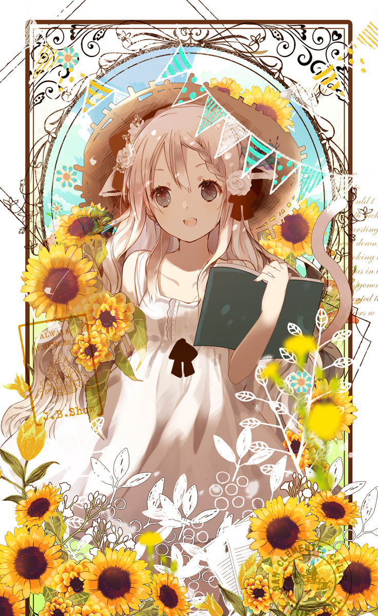 1girl :d animal_ears bare_shoulders book cat_ears cat_girl cat_tail commentary_request dress flower grey_eyes hat highres holding holding_book light_brown_hair long_hair open_book open_mouth original round_teeth sleeveless sleeveless_dress smile solo straw_hat sunflower tail tail_raised teeth upper_teeth very_long_hair white_dress yellow_flower yuzuyomogi