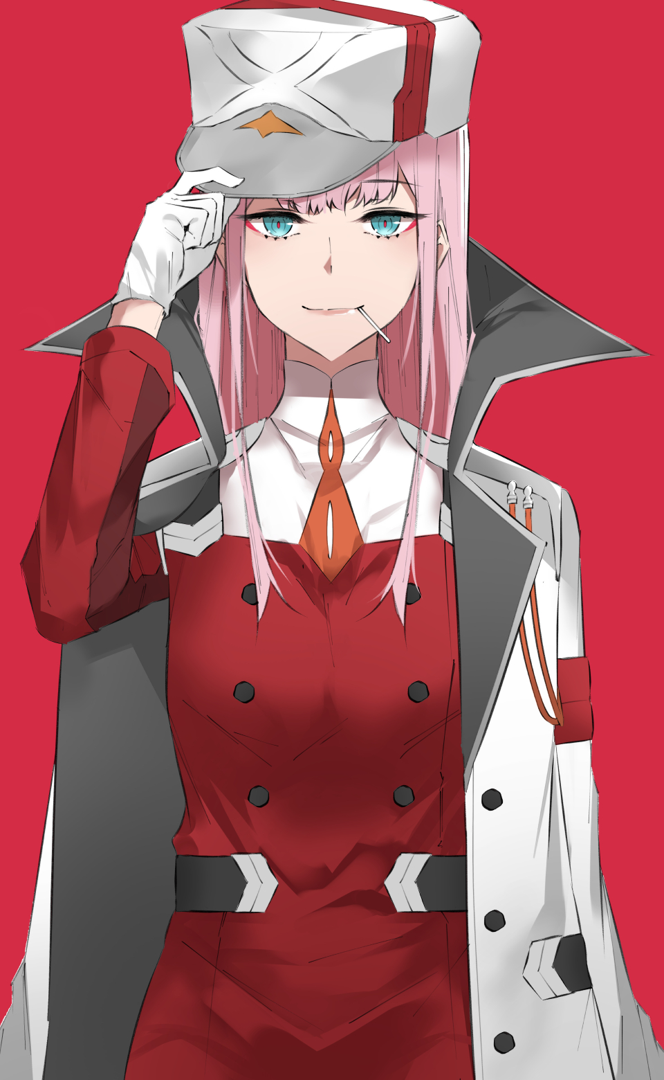 1girl bangs blue_eyes candy cape darling_in_the_franxx eyebrows_visible_through_hair food gloves grey_hat highres kaz_(kaazzz0416) lollipop looking_at_viewer pink_hair red_background simple_background smile solo uniform upper_body white_cape white_gloves zero_two_(darling_in_the_franxx)