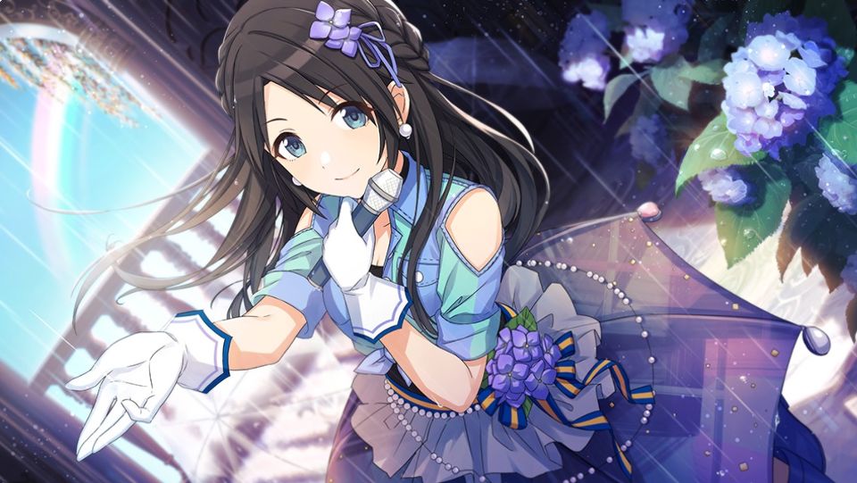 black_hair blue_eyes blush dress gloves idolmaster idolmaster_shiny_colors long_hair mitsumine_yuika smile