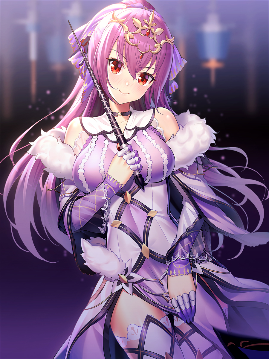 1girl bangs bare_shoulders black_choker blurry blurry_background blush breasts choker closed_mouth collarbone commentary_request depth_of_field detached_sleeves dress eyebrows_visible_through_hair fate/grand_order fate_(series) fur-trimmed_sleeves fur_trim hair_between_eyes head_tilt headpiece highres holding holding_wand large_breasts long_hair long_sleeves looking_at_viewer purple_dress purple_hair red_eyes ririko_(zhuoyandesailaer) scathach_skadi_(fate/grand_order) sleeveless sleeveless_dress sleeves_past_wrists smile solo thigh-highs very_long_hair wand white_legwear