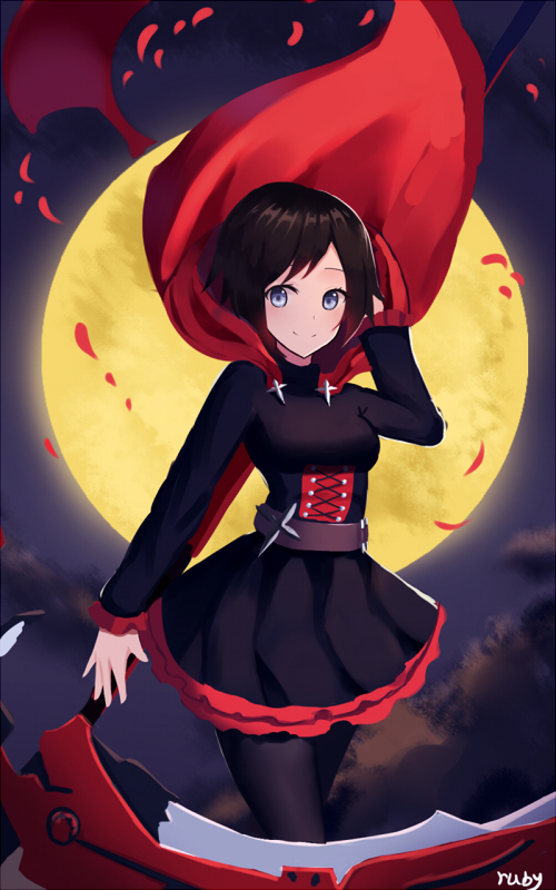 1girl april_cho bangs black_dress black_hair black_legwear blue_eyes cape character_name clouds cowboy_shot dress full_moon holding holding_weapon looking_at_viewer moon night outdoors pantyhose parted_bangs petals red_cape ruby_rose rwby scythe short_dress short_hair smile solo standing weapon