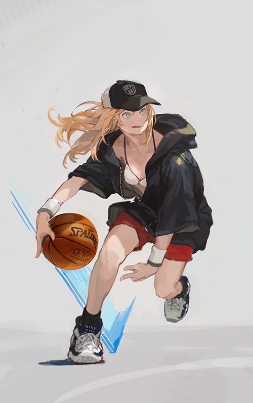 1girl baseball_cap basketball black_legwear blonde_hair blue_eyes burari commentary_request grey_background halterneck hat jacket long_hair motion_lines open_clothes open_jacket original red_shorts shoes short_sleeves shorts sidelocks sneakers solo wrist_cuffs wristband