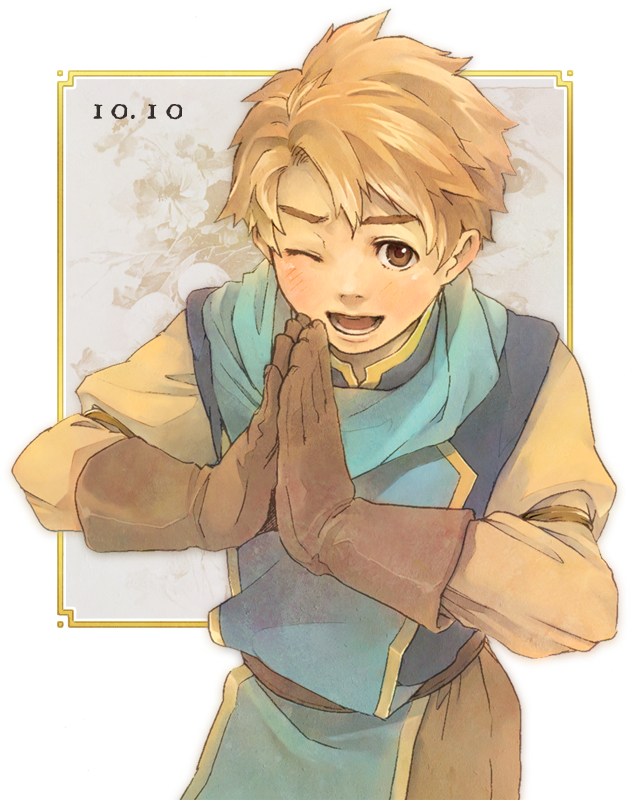 1boy ;d blonde_hair blue_scarf brown_eyes brown_hair commentary_request dated gensou_suikoden gensou_suikoden_i gloves hands_together male_focus natsuo_(hatohaco) one_eye_closed open_mouth scarf short_hair smile solo ted_(suikoden)