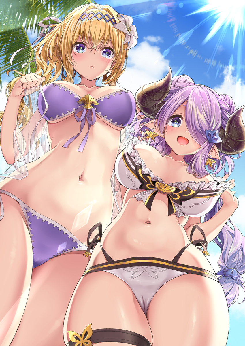 bangs bare_shoulders bikini blonde_hair blue_eyes blue_sky blush breasts butterfly_earrings cleavage closed_mouth collarbone commentary_request diadem double_bun draph eyebrows_visible_through_hair flower frilled_bikini frills front-tie_bikini front-tie_top granblue_fantasy hair_between_eyes hair_flower hair_intakes hair_ornament hair_over_one_eye hairclip hakui_ami heart heart-shaped_pupils highres hips horns jeanne_d'arc_(granblue_fantasy) large_breasts lavender_hair lily_(flower) long_hair low_tied_hair narmaya_(granblue_fantasy) navel open_mouth palm_tree purple_bikini side-tie_bikini sky smile standing strap_pull sunlight swimsuit symbol-shaped_pupils thigh_strap thighs tree waist white_bikini