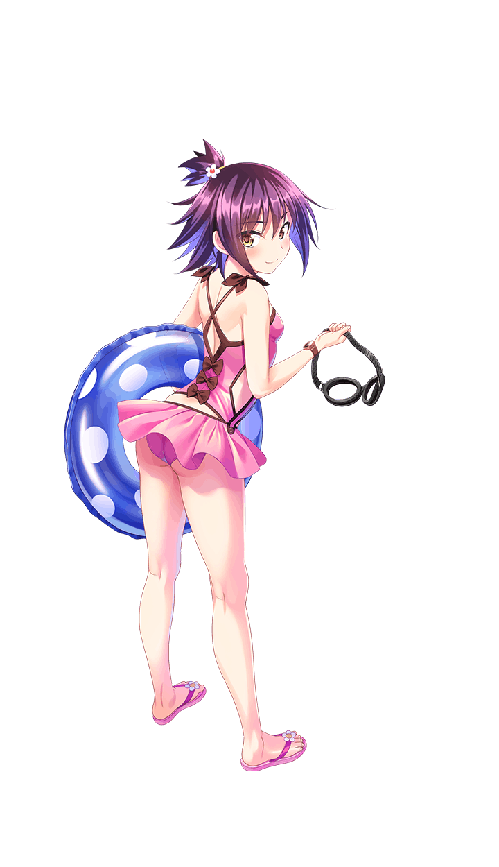 1girl bare_shoulders breasts brown_eyes formation_girls from_behind full_body highres holding_goggles looking_at_viewer pink_skirt pink_swimsuit purple_hair rabi_chaser sandals skirt small_breasts smile solo swimsuit tenkuu_nozora transparent_background watch watch
