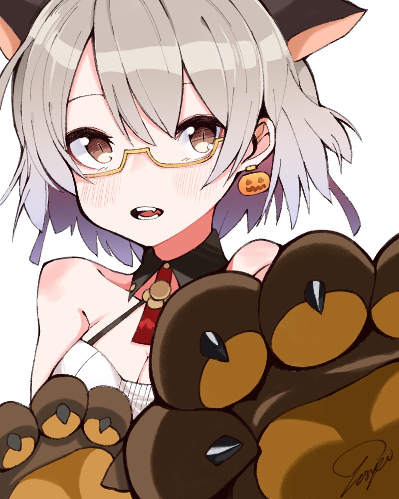 1girl animal_ears blush brown_eyes commentary detached_collar earrings face fang girls_frontline glasses gloves jack-o'-lantern jack-o'-lantern_earrings jewelry light_brown_hair looking_at_viewer open_mouth paw_gloves paws semi-rimless_eyewear short_hair signature simple_background solo tosyeo under-rim_eyewear vector_(girls_frontline) white_background wolf_ears yellow-framed_eyewear
