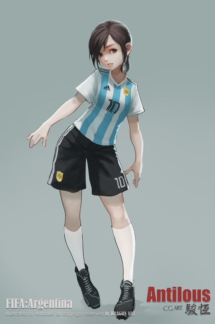 1girl 2018_fifa_world_cup adidas antilous argentina bangs black_shorts brown_hair full_body grey_background grey_eyes numbers'_uniform open_mouth original shirt shoes short_hair short_sleeves shorts simple_background smile sneakers soccer soccer_uniform solo sportswear white_legwear world_cup