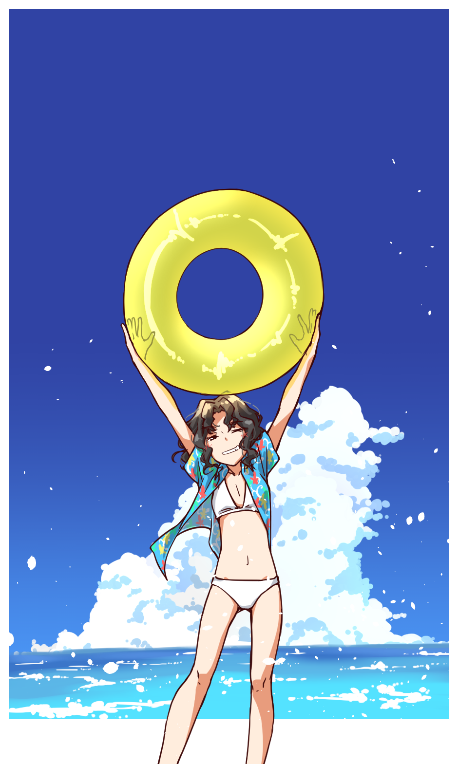 1girl alternate_costume amagami arms_up bikini black_hair blue_sky breasts clouds commentary_request contrapposto cowboy_shot grin guriko_(mossari) hawaiian_shirt highres holding holding_innertube innertube legs long_hair messy_hair navel ocean one_eye_closed open_clothes open_shirt ribbon shirt sky small_breasts smile solo swimsuit swimsuit_under_clothes tanamachi_kaoru white_bikini