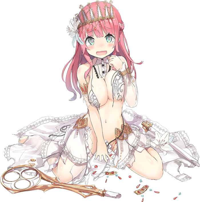 1girl :o blue_eyes blush breasts broken_staff cleavage detached_sleeves dress full_body isegawa_yasutaka large_breasts long_hair midriff official_art open_mouth oshiro_project oshiro_project_re pink_hair prague_(oshiro_project) staff tiara torn_clothes torn_dress transparent_background