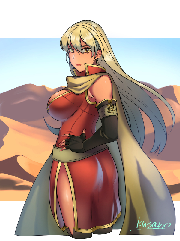 1girl ass black_gloves blonde_hair breasts cloak cowboy_shot desert dress elbow_gloves fingerless_gloves fire_emblem fire_emblem:_fuuin_no_tsurugi gloves hand_on_hip hips igrene large_breasts lips long_hair looking_at_viewer looking_back mole mole_under_eye nagisa0 red_dress side_slit signature solo thighs very_long_hair yellow_eyes