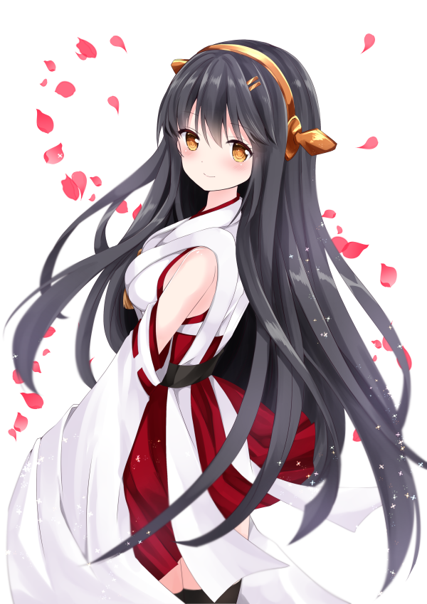 1girl black_hair black_legwear blush breasts brown_eyes closed_mouth detached_sleeves hair_ornament hairband hairclip haruna_(kantai_collection) headgear kantai_collection long_hair long_sleeves looking_at_viewer looking_to_the_side medium_breasts nanase_nao nontraditional_miko petals pleated_skirt red_skirt ribbon-trimmed_sleeves ribbon_trim simple_background skirt smile solo thigh-highs very_long_hair white_background wide_sleeves