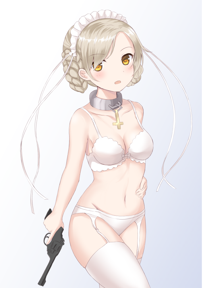 1girl azur_lane bangs bare_arms bare_shoulders blush bow bow_bra bra braid breasts brown_eyes chair cleavage collarbone commentary_request eyebrows_visible_through_hair garter_belt gradient gradient_background grey_background gun hair_over_one_eye hand_on_hip handgun harusaki_(harusaki0719) holding holding_gun holding_weapon latin_cross light_brown_hair looking_at_viewer medium_breasts navel open_mouth panties revolver ribbon sheffield_(azur_lane) short_hair solo swept_bangs thigh-highs underwear underwear_only weapon white_background white_bra white_legwear white_panties white_ribbon