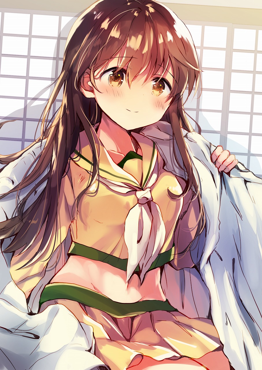 1girl blush brown_eyes brown_hair eyebrows_visible_through_hair futon highres indoors kantai_collection long_hair midriff nanahamu navel neckerchief ooi_(kantai_collection) pleated_skirt remodel_(kantai_collection) school_uniform serafuku sitting skirt smile solo white_neckwear white_skirt