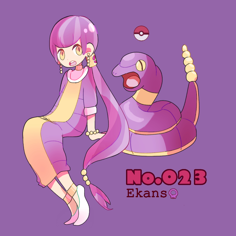 1girl anklet bangs blunt_bangs bracelet character_name earrings ekans full_body gen_1_pokemon invisible_chair jewelry long_hair long_sleeves looking_at_viewer mameeekueya moemon open_mouth personification poke_ball pokemon pokemon_(creature) pokemon_number purple_background purple_hair shoes simple_background sitting slit_pupils very_long_hair white_footwear yellow_eyes