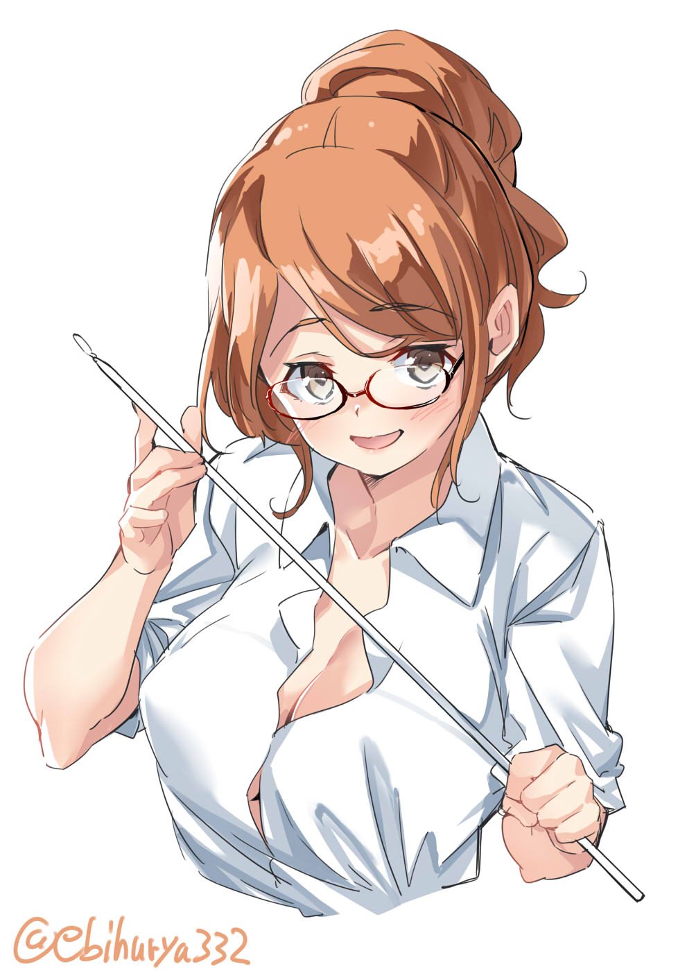 aquila_(kantai_collection) blush breasts brown_eyes brown_hair ebifurya eyebrows_visible_through_hair glasses highres kantai_collection large_breasts long_hair looking_at_viewer no_bra open_mouth ponytail red_glasses shirt simple_background twitter_username white_background white_shirt