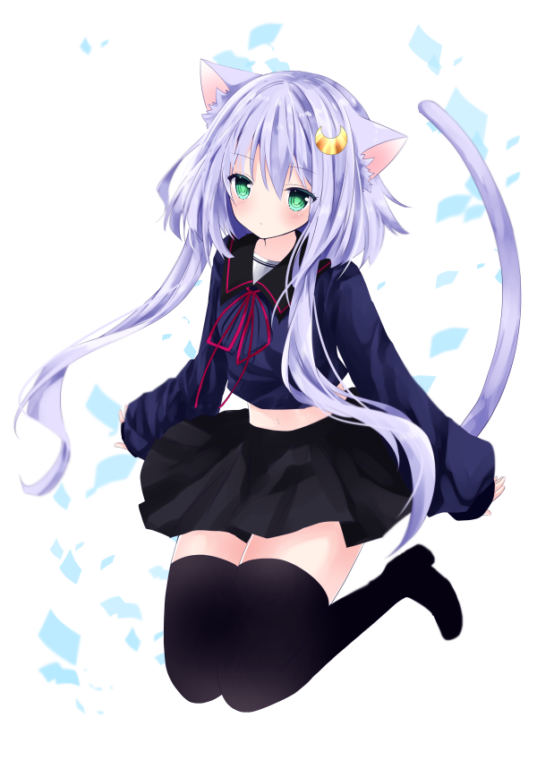 1girl animal_ears bangs black_footwear black_legwear black_sailor_collar black_skirt blue_shirt blush boots cat_ears cat_girl cat_tail closed_mouth crescent crescent_hair_ornament eyebrows_visible_through_hair full_body green_eyes hair_between_eyes hair_ornament kantai_collection kemonomimi_mode long_hair long_sleeves looking_at_viewer nanase_nao pleated_skirt purple_hair sailor_collar school_uniform serafuku shirt skirt sleeves_past_wrists solo tail tail_raised thigh-highs thigh_boots very_long_hair yayoi_(kantai_collection)