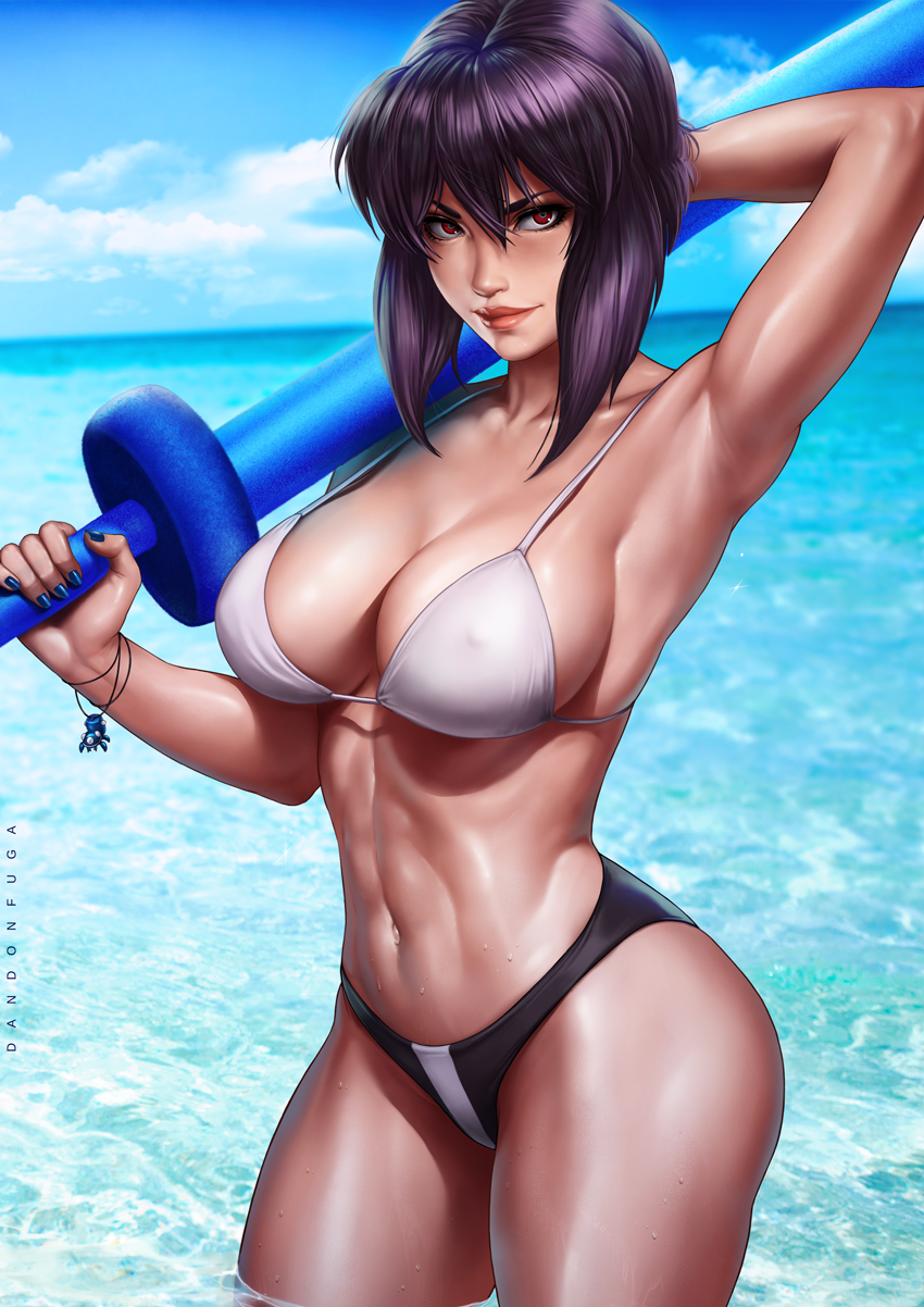 1girl alternate_costume arm_behind_head armpits artist_name bangs bare_shoulders beach bikini black_bikini_bottom blue_nails blue_sky bracelet breasts brown_eyes cleavage closed_mouth clouds collarbone cybernetic_eye dandon_fuga erect_nipples foam ghost_in_the_shell ghost_in_the_shell_stand_alone_complex hair_between_eyes highres holding holding_sword holding_toy holding_weapon jewelry kusanagi_motoko large_breasts lips looking_at_viewer midriff nail_polish navel ocean outdoors partially_submerged pinup purple_hair shiny shiny_skin short_hair sideboob sky swimsuit sword toned water waves weapon white_bikini_top