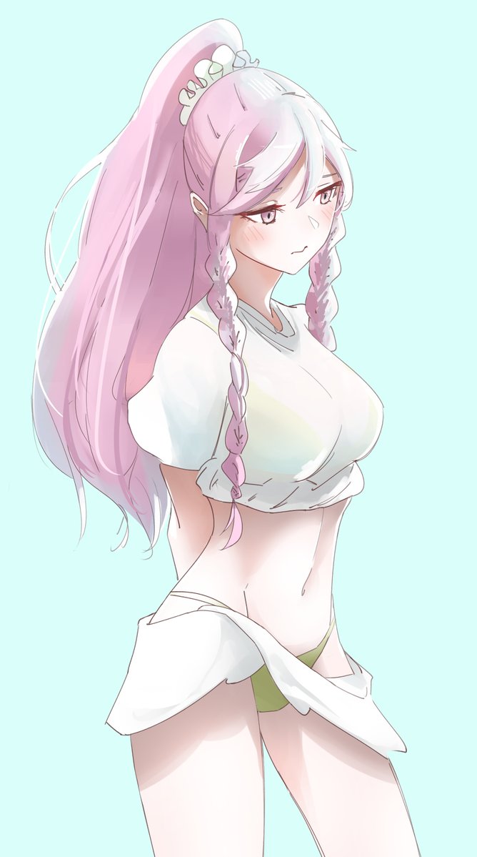 1girl alternate_costume arms_behind_back bikini_bottom blue_background blush braid breasts cowboy_shot fire_emblem fire_emblem:_kakusei green_panties long_hair looking_away medium_breasts microskirt midriff navel olivia_(fire_emblem) panties pink_eyes pink_hair ponytail scrunchie shirt short_sleeves sidelocks simple_background sketchy skirt solo t-shirt twin_braids underwear white_shirt