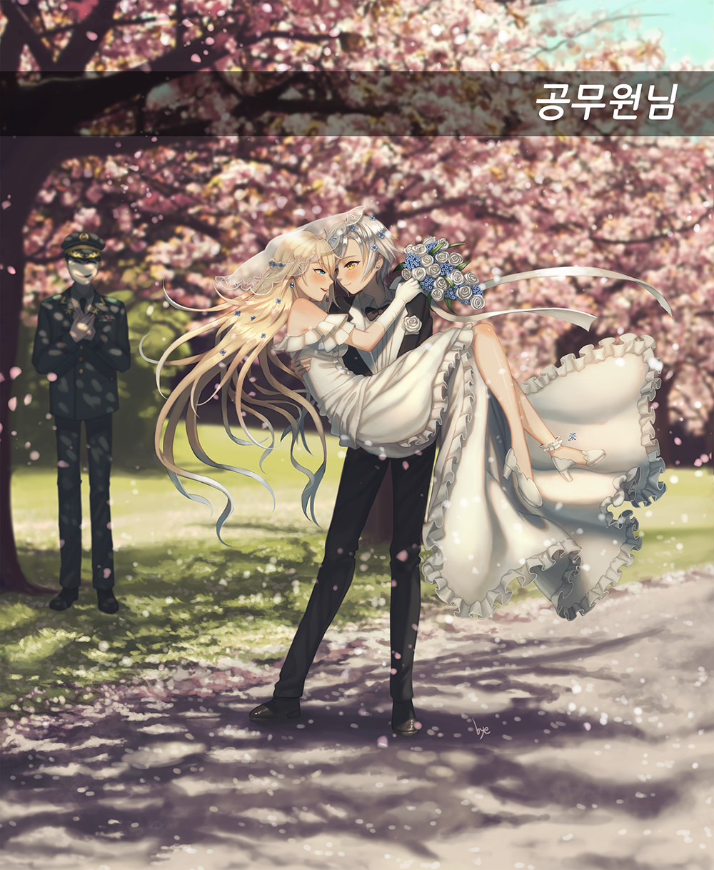 1boy 2girls alternate_costume bangs bare_shoulders black_footwear black_jacket black_pants blonde_hair blush bouquet breasts bridal_veil bye carrying cherry_blossoms clapping closed_mouth day dress earrings elbow_gloves flower formal g36_(girls_frontline) girls_frontline gloves gradient_hair hair_flower hair_ornament high_heels highres holding holding_bouquet jacket jewelry loafers long_hair looking_at_another medium_breasts multicolored_hair multiple_girls necktie off_shoulder open_mouth outdoors pant_suit pants princess_carry shoes short_hair sidelocks signature silver_hair smile suit tuxedo vector_(girls_frontline) veil wedding_dress white_gloves wind yellow_eyes