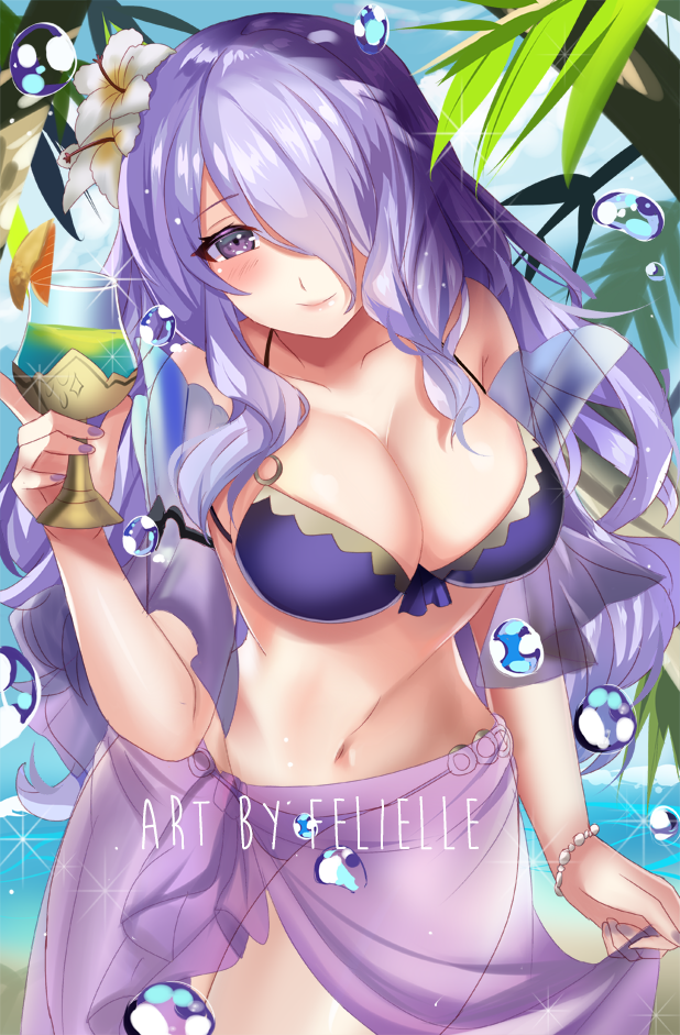 1girl artist_name bikini blue_sky breasts camilla_(fire_emblem_if) cleavage closed_mouth clouds cup day drinking_glass felielle fire_emblem fire_emblem_heroes fire_emblem_if flower hair_flower hair_ornament hair_over_one_eye holding holding_drinking_glass large_breasts long_hair nail_polish purple_hair sarong see-through sky solo standing swimsuit violet_eyes water