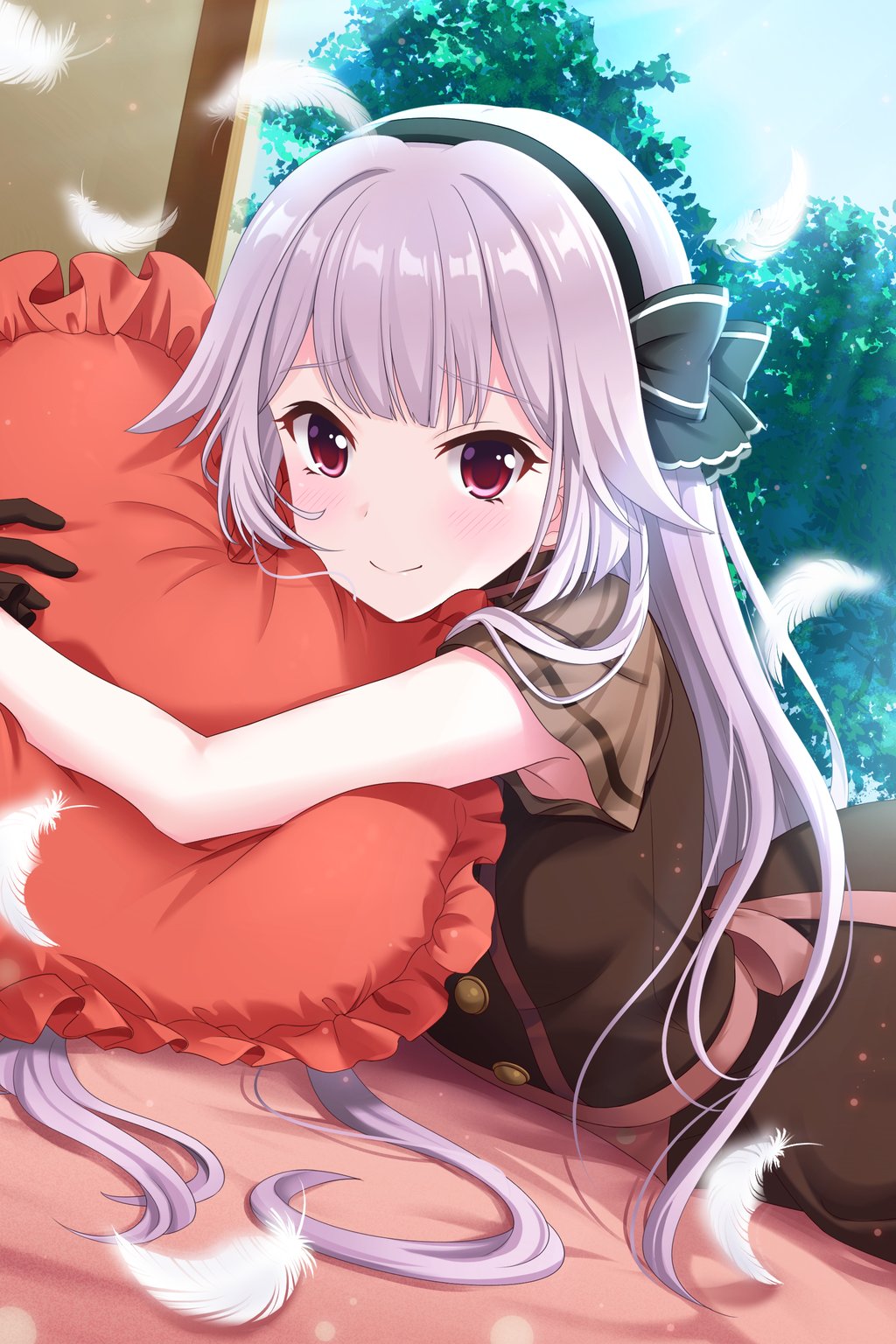 1girl alternative_girls bangs black_gloves black_hairband blunt_bangs blush breasts brown_dress buttons day dress frilled_pillow frills gloves grey_hair hairband highres hug indoors long_hair looking_at_viewer lying medium_breasts official_art on_bed on_stomach pillow pink_eyes red_pillow short_sleeves smile usui_miyuki very_long_hair white_feathers window