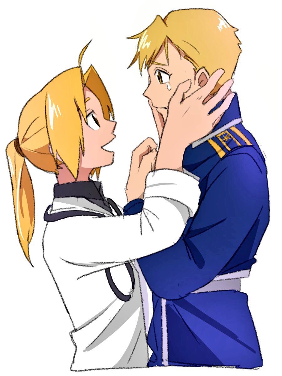2boys :d alphonse_elric alternate_costume amestris_military_uniform antenna_hair blonde_hair brothers cowboy_shot crying crying_with_eyes_open edward_elric eye_contact eyelashes frown fullmetal_alchemist hands_on_another's_face height_difference highres long_sleeves looking_at_another male_focus military military_uniform multiple_boys open_mouth ponytail profile sad shirt short_hair siblings simple_background smile standing tears uniform upper_body white_background white_shirt yellow_eyes