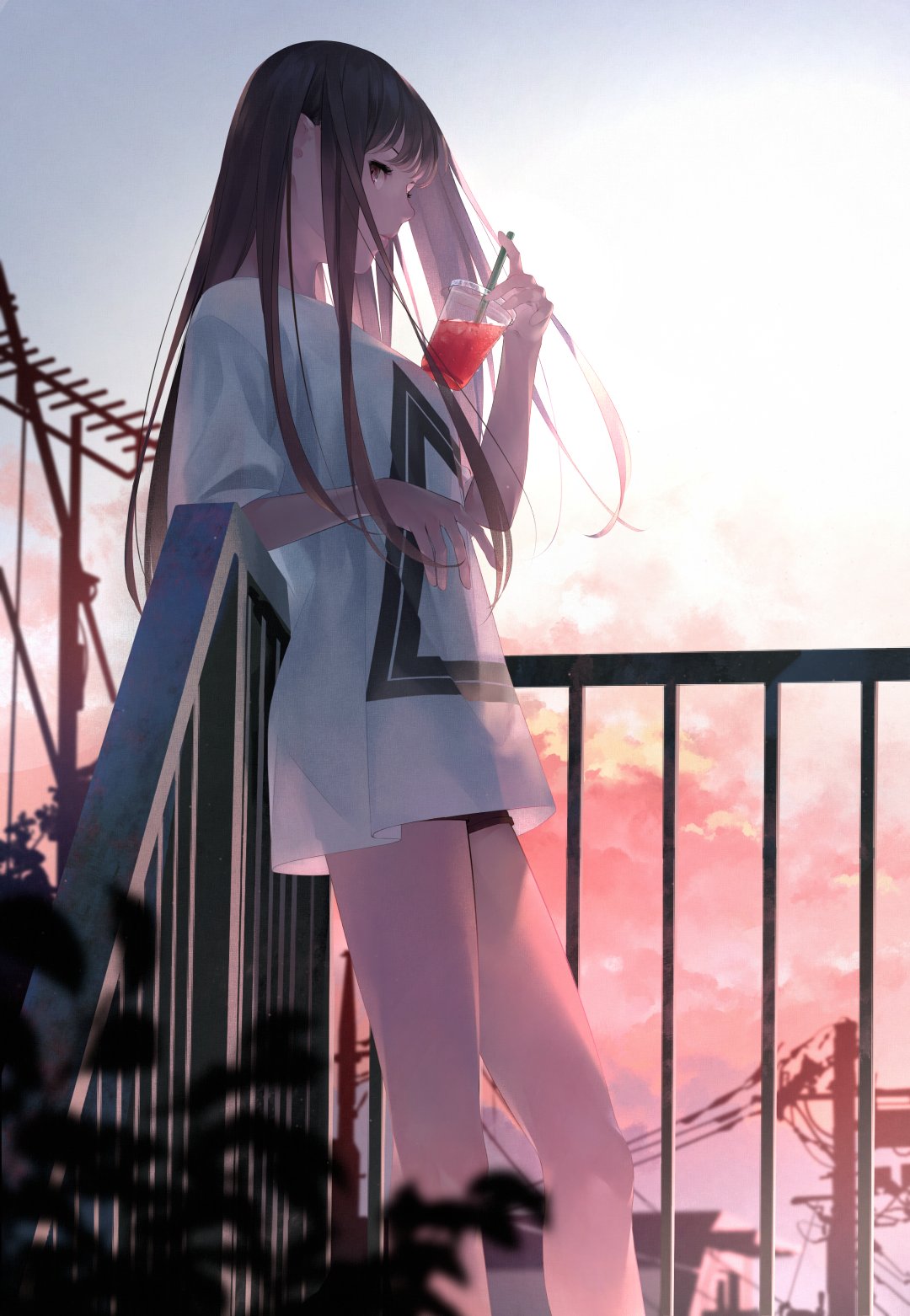 1girl architecture arm_support bangs barrier black_shorts brown_eyes brown_hair clouds cup disposable_cup drink drinking_straw fence foreshortening head_tilt highres holding holding_cup houses ice leaf lips long_hair looking_at_viewer nose original outdoors oversized_clothes pink_cloud plant shirt short_sleeves shorts silhouette sky solo sousou_(sousouworks) sunset telephone_pole visible_ears white_shirt