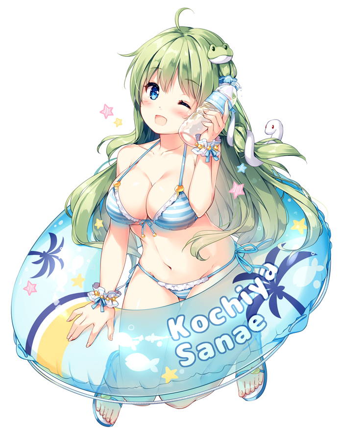 1girl ;d ahoge bikini blue_bikini blue_eyes blue_footwear bottle bottle_to_cheek breasts character_name commentary_request eyebrows_visible_through_hair frog_hair_ornament front-tie_bikini front-tie_top full_body green_hair groin hair_ornament halterneck head_tilt holding holding_bottle innertube jumping kochiya_sanae large_breasts long_hair looking_at_viewer miyase_mahiro navel one_eye_closed open_mouth sandals side-tie_bikini simple_background smile snake_hair_ornament solo star stomach striped striped_bikini swimsuit thighs touhou water_bottle white_background wrist_cuffs