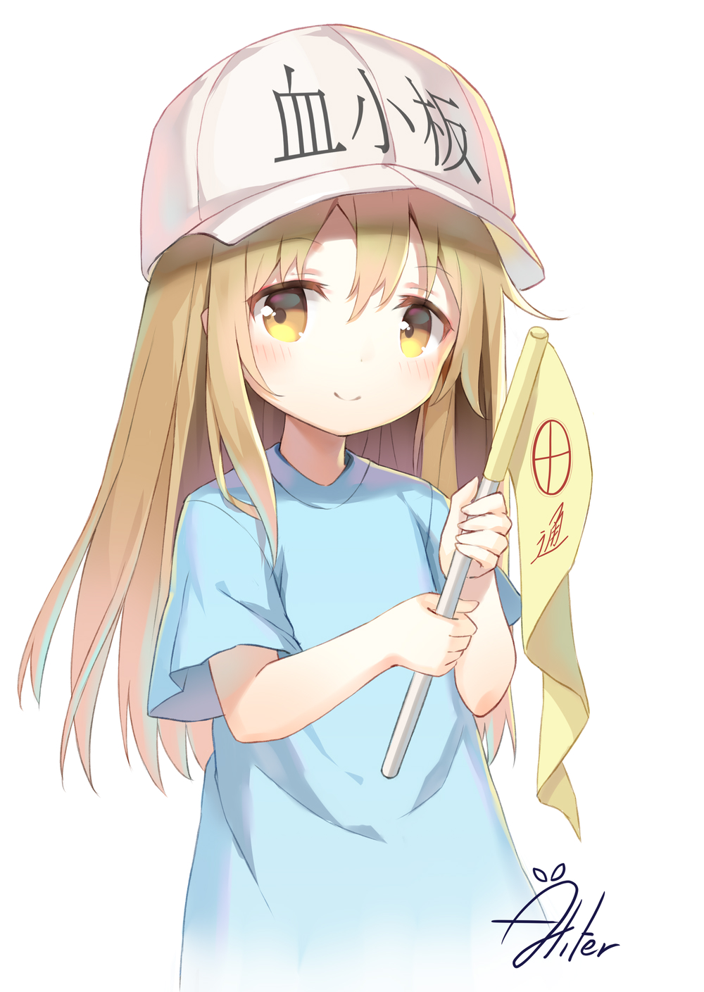 1girl aliter blue_shirt blush brown_eyes character_name closed_mouth clothes_writing commentary_request flag flat_cap grey_hat hat hataraku_saibou highres holding holding_flag light_brown_hair looking_at_viewer platelet_(hataraku_saibou) shirt short_sleeves signature simple_background smile solo upper_body white_background
